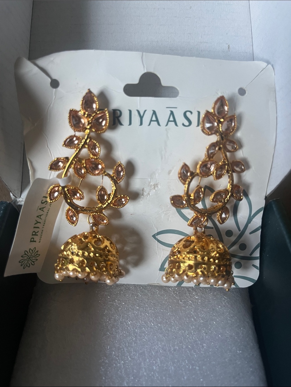 Priyaasi Gold and Pink Leaf Jhumki Earrings with Pearl Fringe
